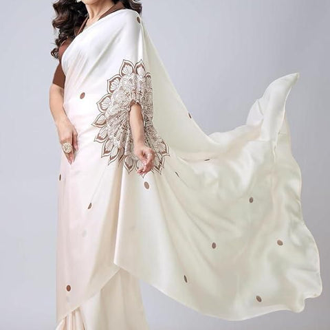 Satin Silk Printed Kaftan Saree With Unstitched Blouse